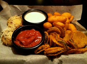 Cheese pints, stuffed mushrooms and pickle chips